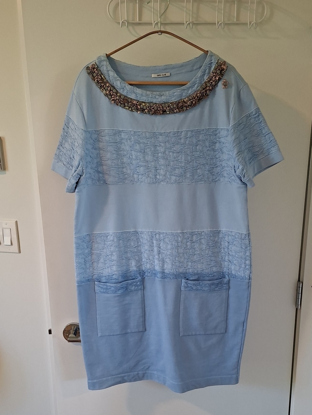 Denis Cler Blue Cotton Hombre Embellished Cozy Luxe Shift Dress (UK 14/US 10)